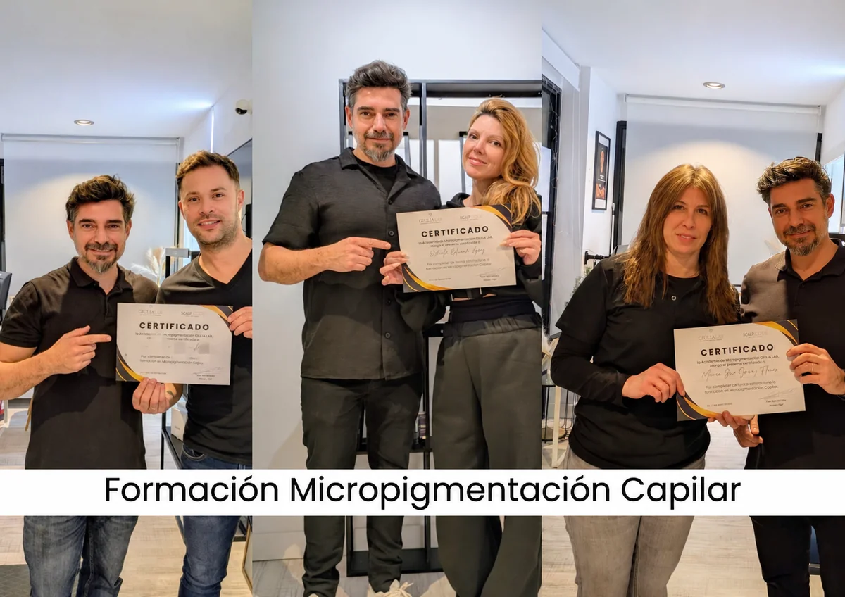 Toni Hernández con alumnos y sus certificados de formación en micropigmentación capilar en Alicante